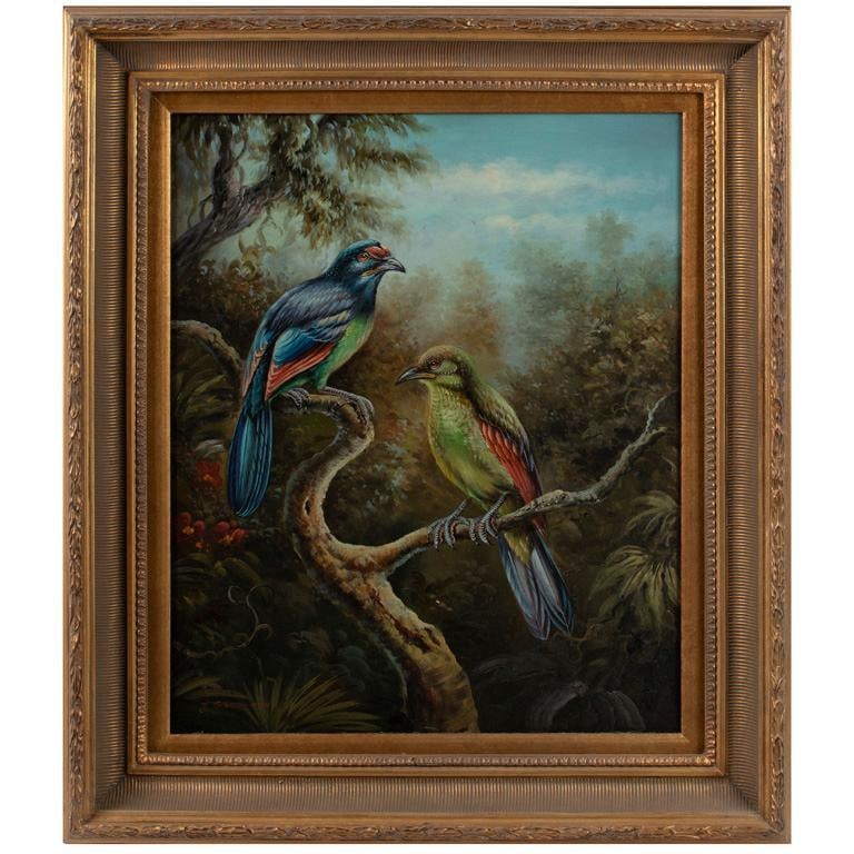 An Oil of Exotic Birds in Nature by J. Grossman: exotic birds oil on canvas signed l.l. 19.5 x 23.5 inches (sight) 28 x 32 inches (frame) Overall good condition.