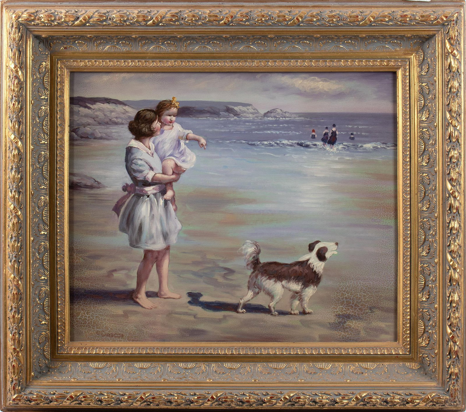 A 20th Century Oil Beach Scene by G. Girocco: beach scene mother and child oil on canvas signed l.l. 23.5 x 19 inches (sight) 33.5 x 29 inches (frame) Overall good condition. Craquelure to varnish and oil.
