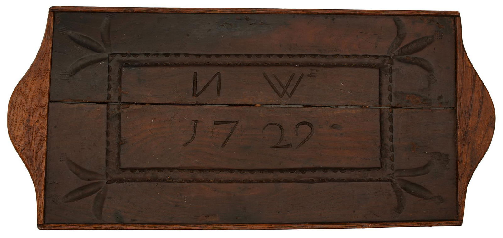 Antique Treen Dated 1729: American, 18th century. A carved initialed and dated 1729 treen; 26 x 12 inches. Overall good condition. Age split to center of board with age.