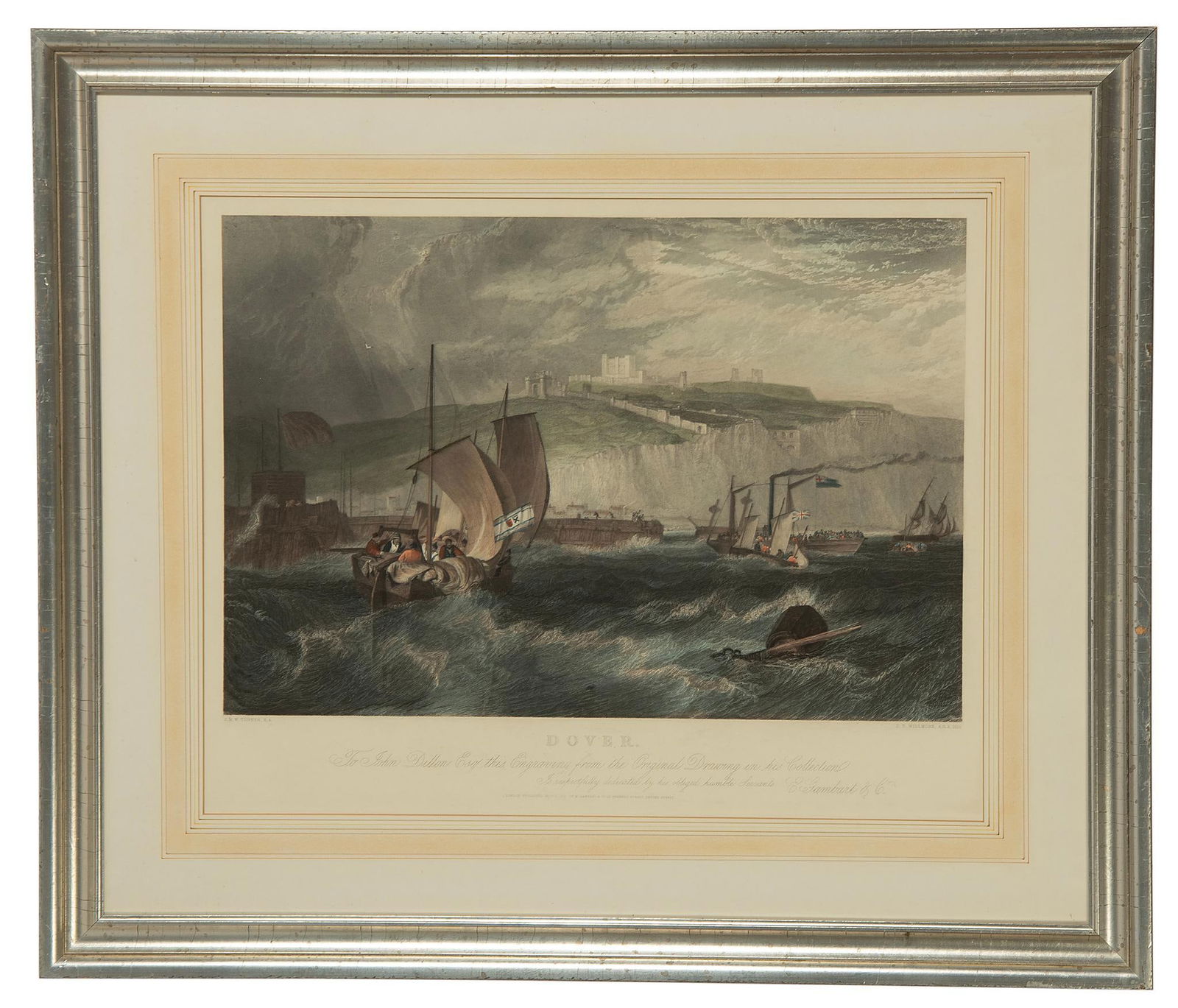 Joseph Mallard William Turner Dover Colored Engraving: Dover Colored Engraving on Paper After J.M.W. Turner J.T. Willmore A.R.A. 1851 London Published Nov 1,1851 by E. Gambart and Co. 25 Berners Street, Oxford Street 19.5 x 24.5 inches (sight) 30 x 35 inc