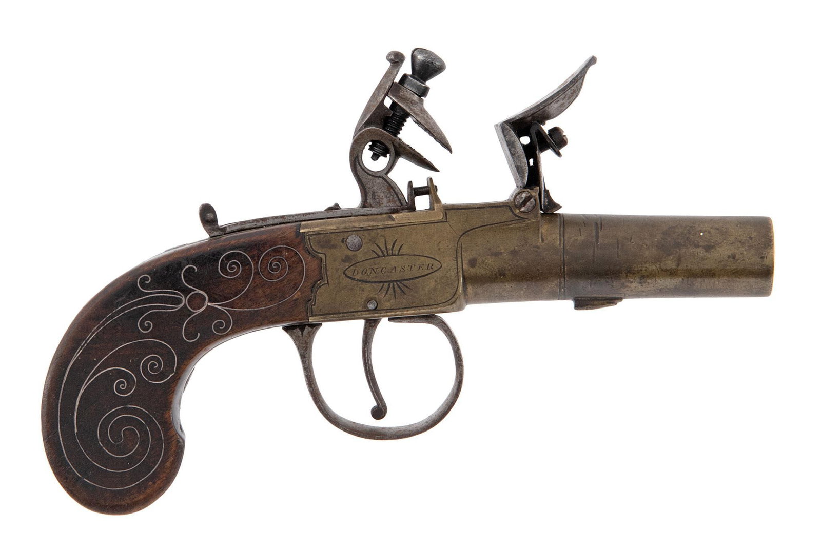 Flintlock Box-Lock Tap-Action Pistol By Cartmell Doncaster: .450 bore diameter, 1.75" round brass barrel, nsn. Engraved brass boxlock frame, engraved trigger guard, barrel has nice yellowed brass patina. Safety behind hammer. Rosewood bag shaped grip with wire