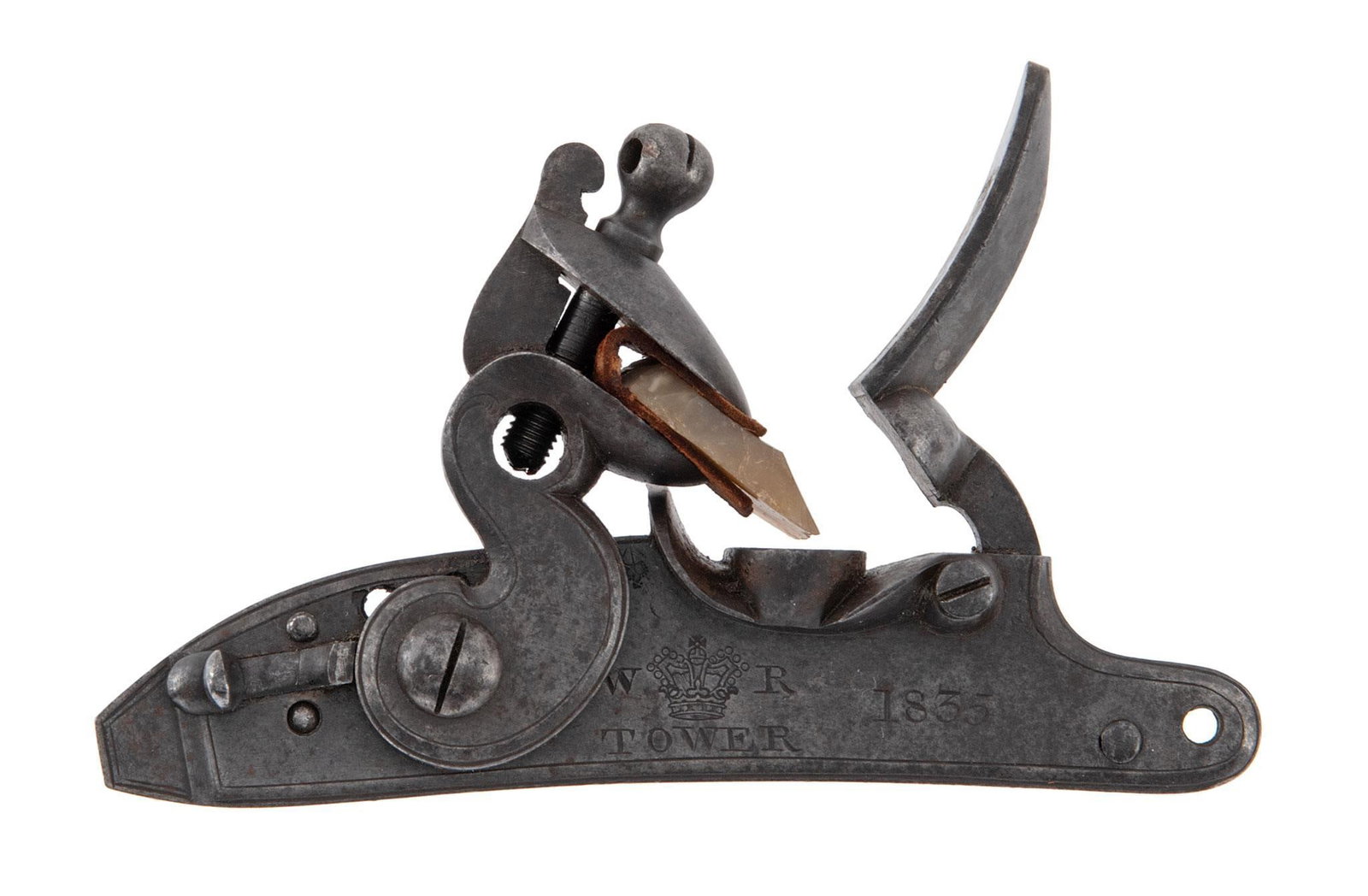 English Flintlock Mechanism Dated 1835: The flat, moderately engraved lockplate dated "1835" and crown between "W R" over "TOWER". The cock features a rear push-safety. Internal battery spring and waterproof pan. **The entire lock in good c