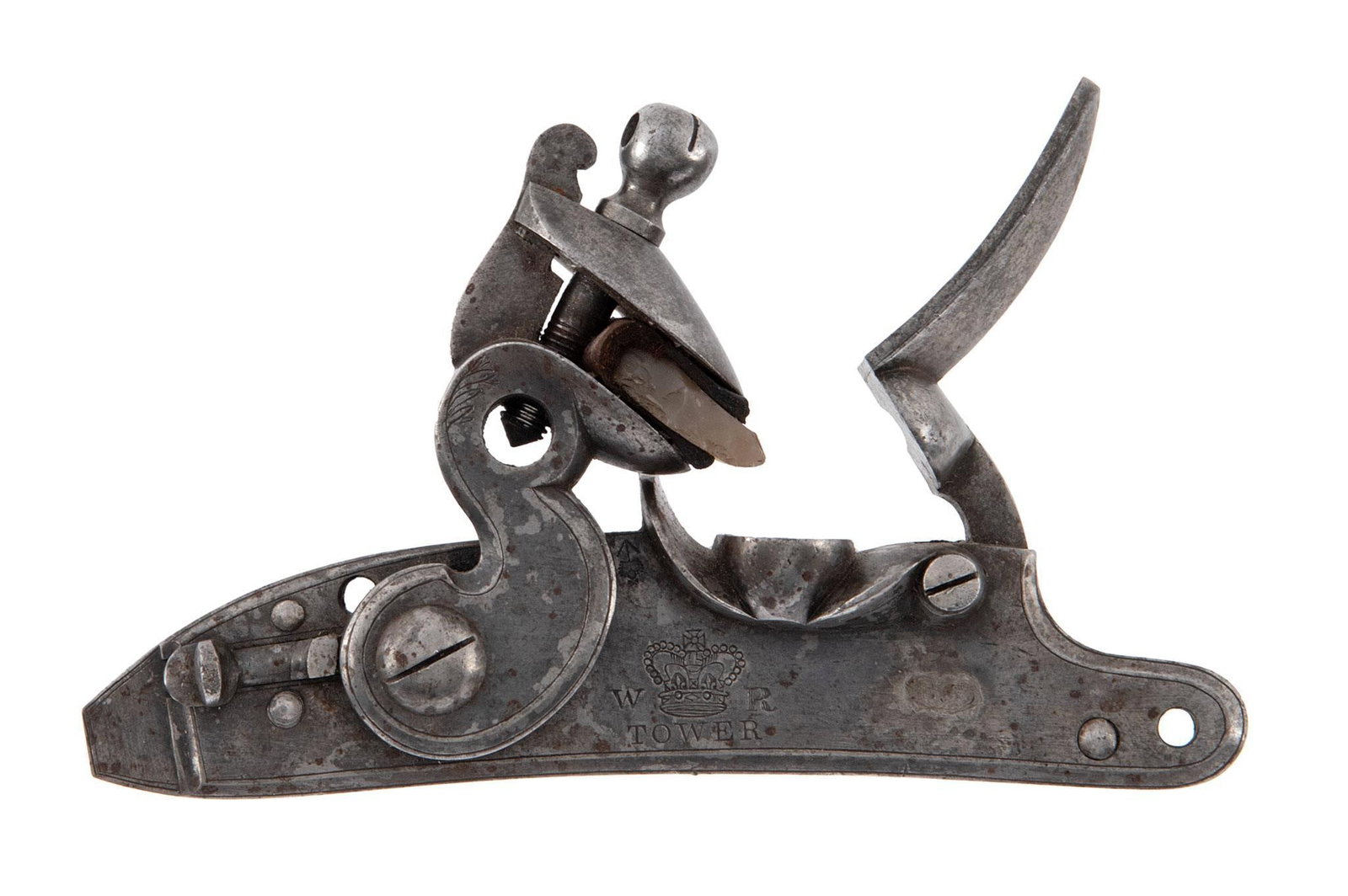 WR Tower Flintlock Lockplate Mechanism: The flat, moderately engraved lockplate not dated and crown between "W R" over "TOWER". The cock features a rear push-safety. Internal battery spring and waterproof pan. **The entire lock in good cond