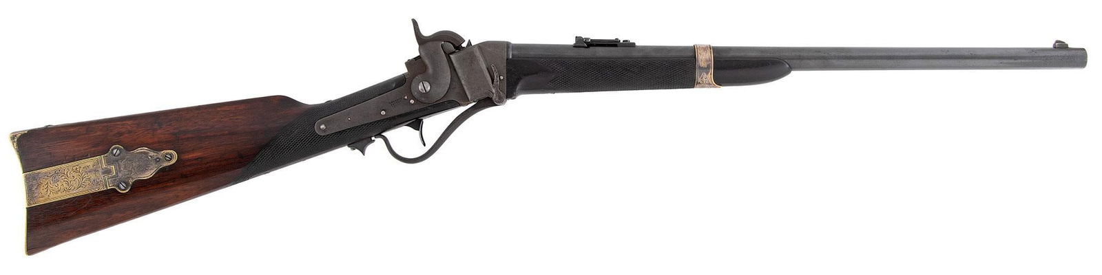 Engraved Sharps Sporting Model 1853 Slant Breech Carbine: .52 caliber, 22" barrel, S/N 23489. Period engraving on the patchbox, buttplate and front barrel band. Checkered stock and forearm Silver plated brass. Blue barrel, the frame is a gray. The barrel is