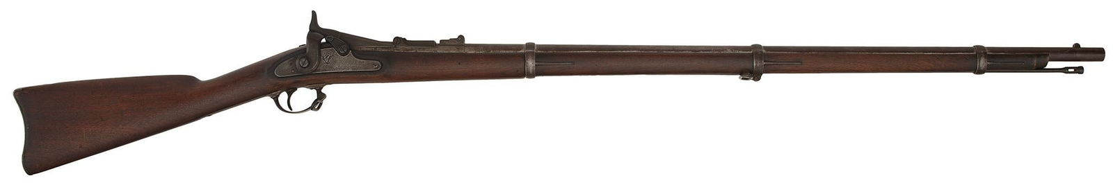 US Springfield Model 1866 Second Allin Rifle: .50-70 caliber, 36.75" round barrel length, NSN. Top of breech marked "1866". The side plate is marked with Eagle next to "US" over "Springfield". The rear of the lock marked "1865". Cartouche marked