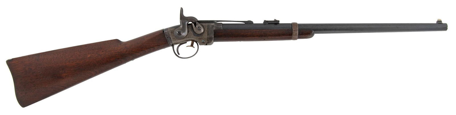 Smith Civil War Carbine: 50 caliber, 21.5" octagonal to round barrel, S/N 1502. Blue barrel, case colored action with walnut stock and forearm. The barrel retains most of the original blue finish just lightly fading. The fram