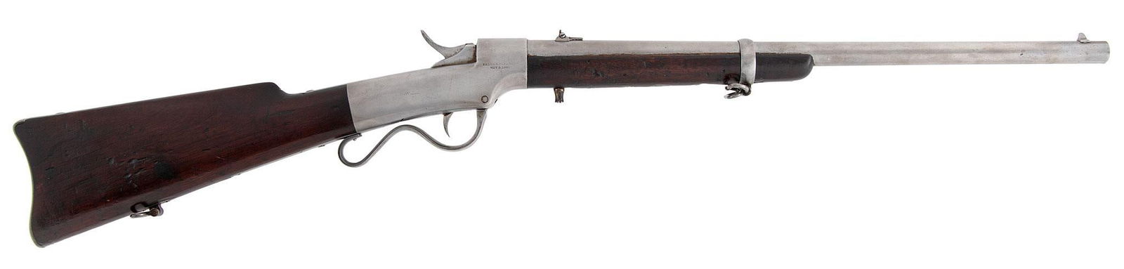 Early Ballard Civil War Carbine: .52 rf caliber, 22" round barrel, S/N 277. Marked on the right side "Ballard's Patent Nov 5 1861", on the left side "Merwin & Bray Agt's N.Y.". The barrel and the action has been cleaned to white.