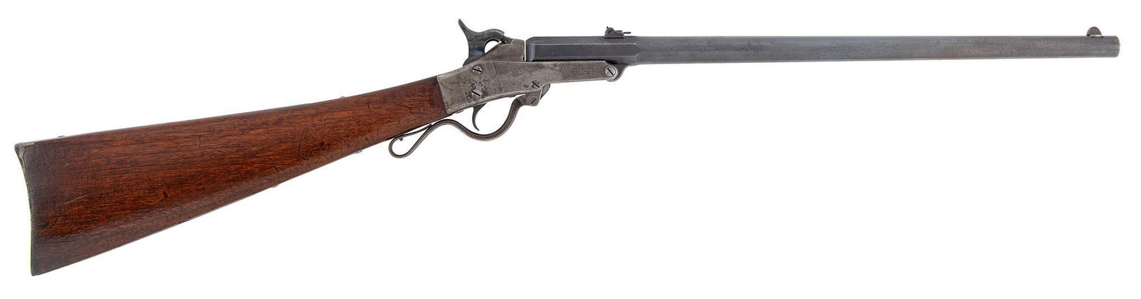 Second Model Manyard Civil War Carbine: .50 caliber, 20" octagonal to round barrel, S/N 14396. Blue barrel, case colored frame, saddle bar on the left side of the frame. Walnut stock with two dim cartouches. Two leaf rear barrel sight, fron