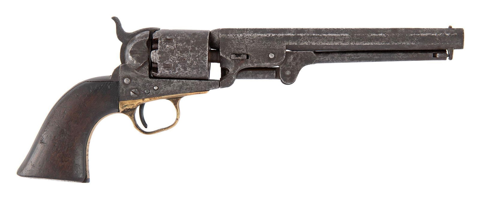 Colt Model 1851 Navy Revolver Cut For Shoulder Stock and Inscribed Capt J.W. Jacobs Co H 4th Ky MVI: .36 caliber 7.5" octagonal barrel length, S/N 128430 (all numbers match). Top of the barrel with single line Colt New York address. Left side of the frame marked "Colts Patent". Case colored frame, ha