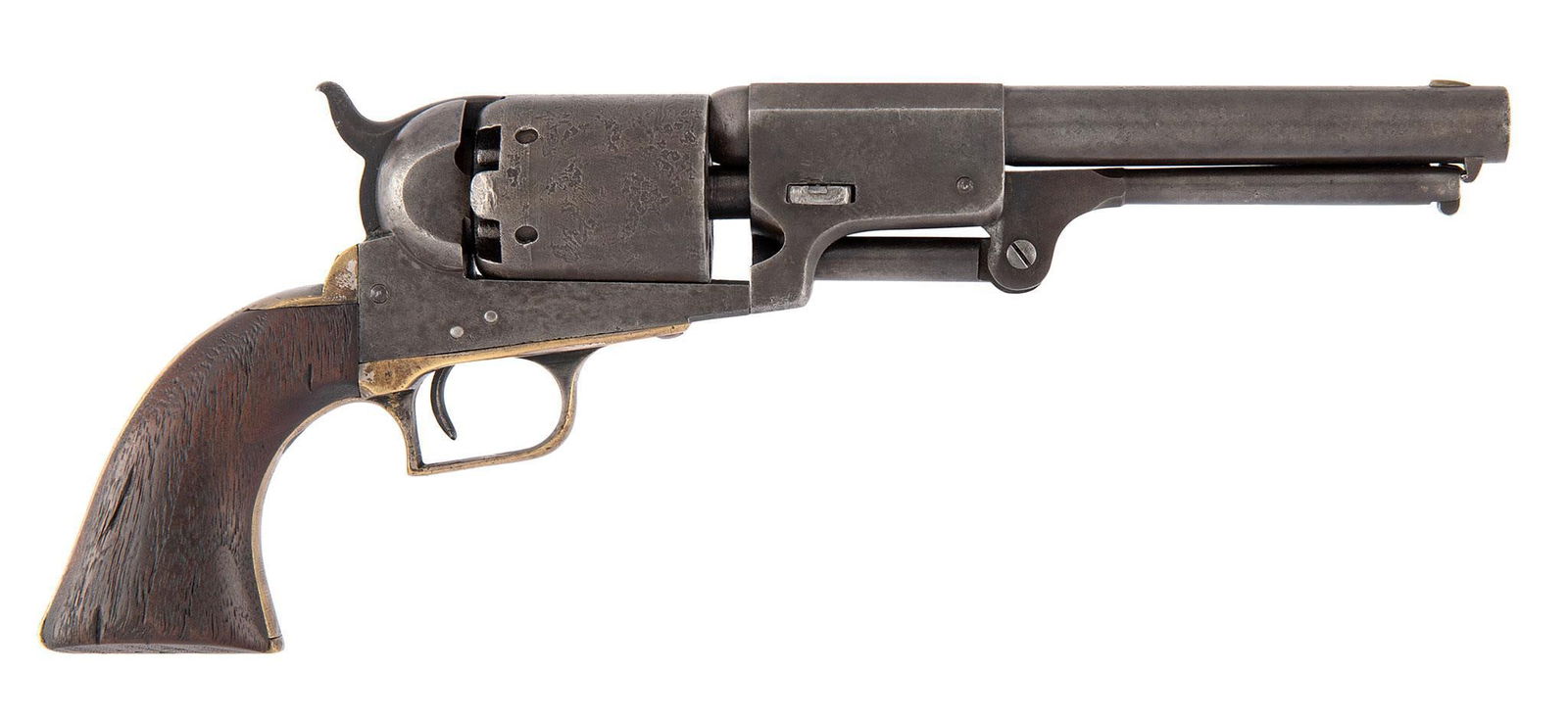 U.S. Marked 1st Model Colt Dragoon Percussion Revolver: .44 caliber, 7.5" barrel, S/N 5216. Single line New York Address. U.S. Marked on the frame under Colt's Patent. Cylinder with oval cylinder locking slots. Brass back strap and brass square back trigge