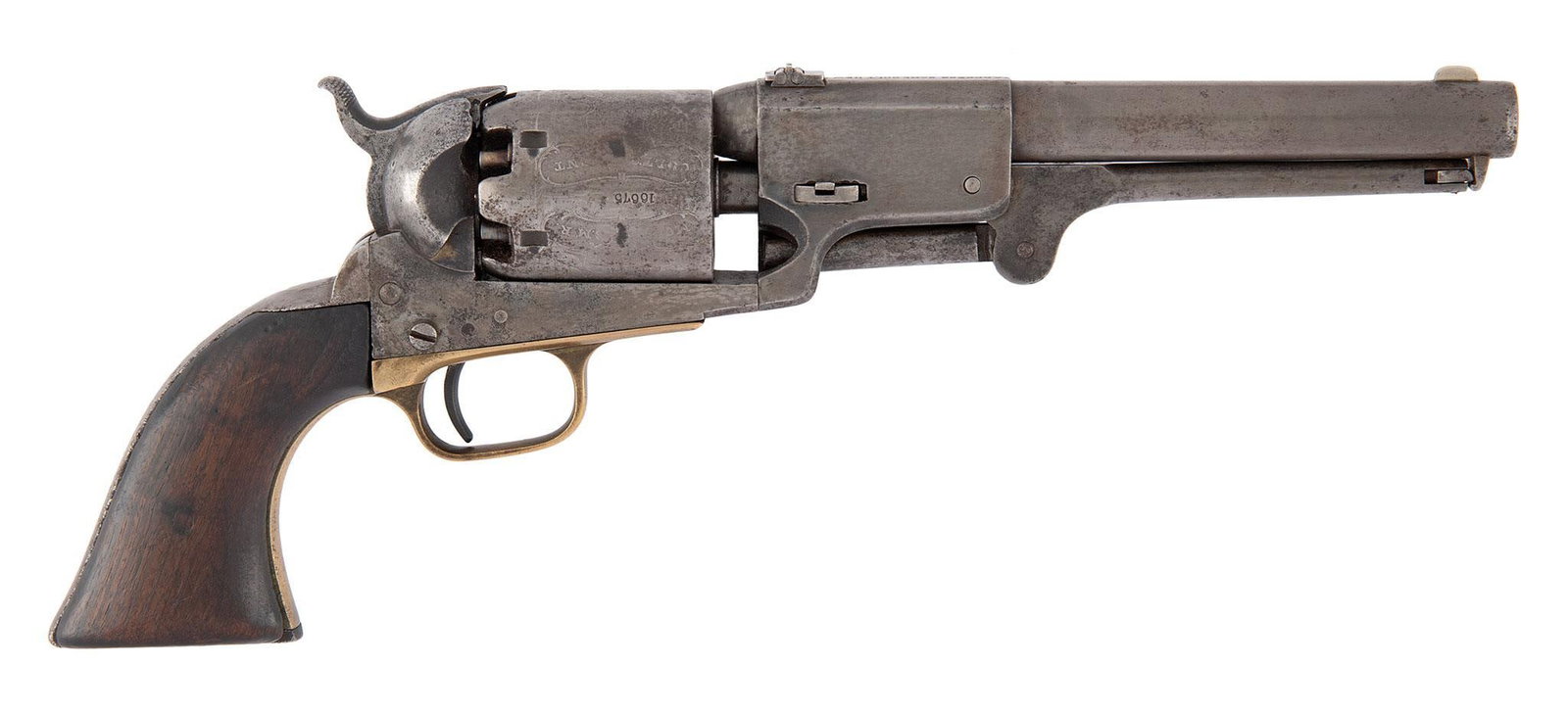 Third Model Martial Marked Colt Dragoon Cut for Shoulder Stock: .44 caliber, 7.5" octagon to round barrel length, S/N 16675 (ca. 1858). All number match. Top of the barrel marked with single line New York address. Left side of the frame marked with "Colts" over "P