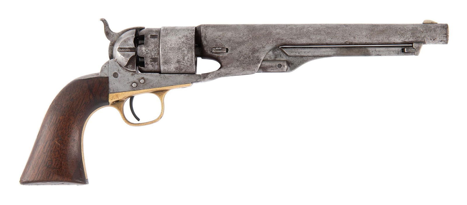 Colt Model 1860 Army Revolver: .44 caliber, 8" barrel length, S/N 81594 (ca. 1862). Top of the barrel marked in single line Colt New York address. Left side of the frame marked "Colts" over "Patent". There is a "C" marked on the le