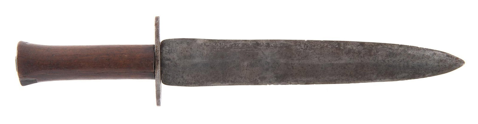 Confederate Spear Point Bowie Knife: 11" spear point blade, 1.75" blade width. Iron guard with hickory wood handle. The blade is of an old file that the blacksmith turned into a spear point blade. The blade is held to the handle by a lon