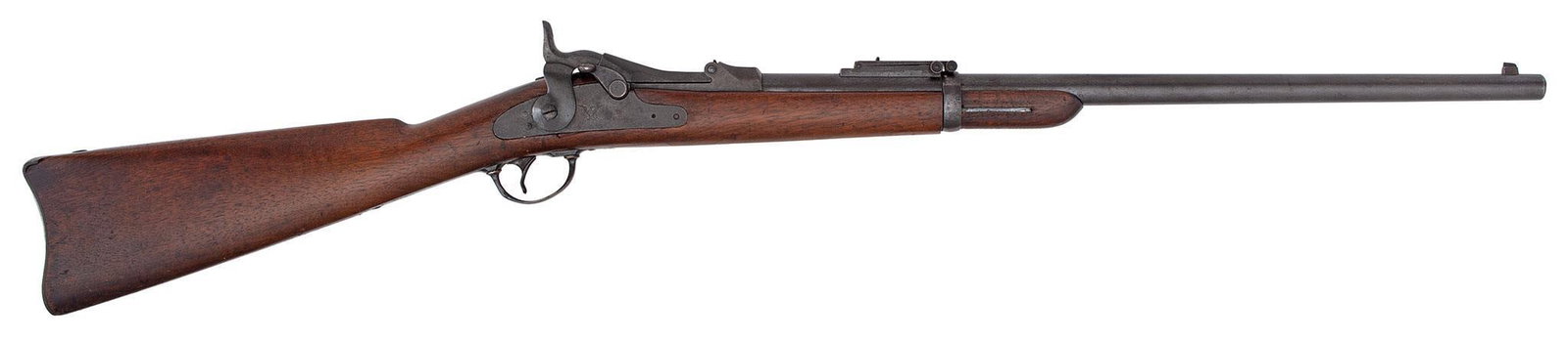 Springfield Model 1884 SRC: 45-70 caliber, 24" round barrel with large VP/eagle barrel proofs, the barrel is a cut down rifle barrel, S/N 380215, rear barrel sight is marked XC 1886 rear sight. Carbine stock with nice cartouche 