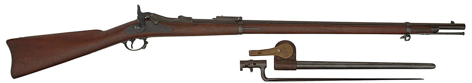 U.S. Model 1884 Springfield Trapdoor Rifle: 45-70 caliber, 32.5" barrel length, S/N 421681. 1884 Buffington rear sight. Breechblock marked "U.S. Model 1884" and large V P Eagle rear barrel proofs. Large "A" between the rear sight and the breech