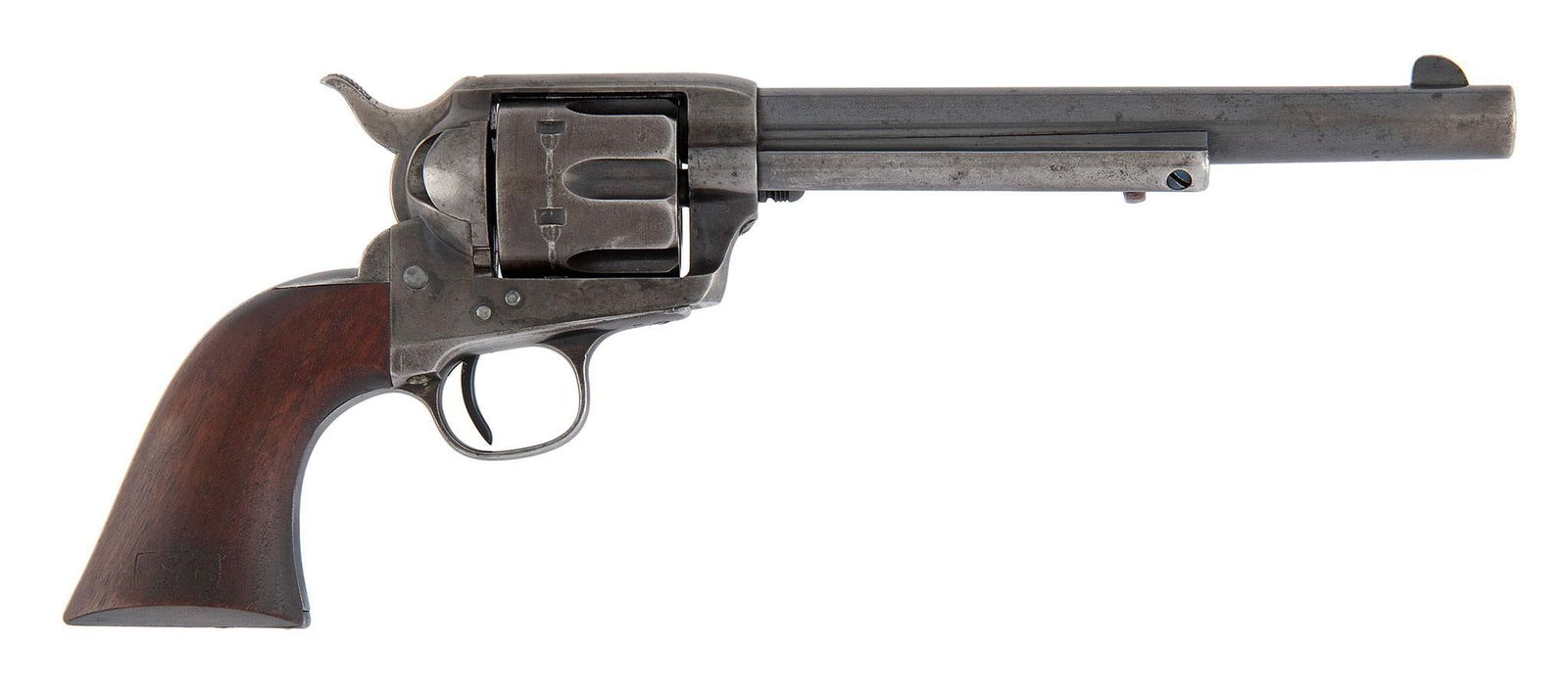 U.S. Martial Colt Single Action Army Revolver: .45 caliber, 7.5" barrel length, S/N 133998. Three line patent markings and "US" on the left side of the frame. The barrel, cylinder, back strap and trigger guard have matching numbers as well as "RAC