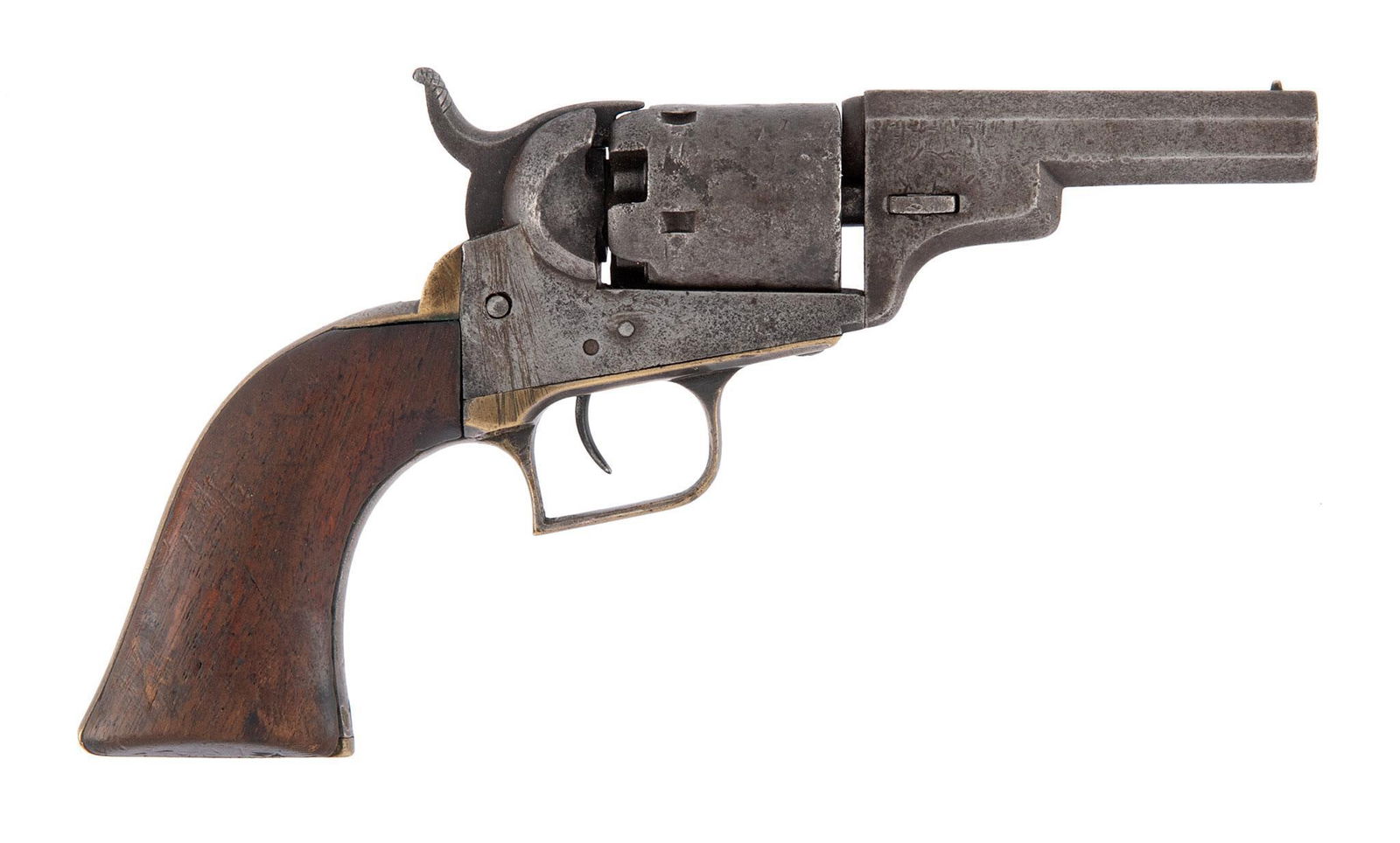 Rare Colt Model 1848 Baby Dragoon Revolver: 31 caliber, 3" barrel, S/N 13980 on all parts but the cylinder is mismatch 30482, silver plated square back brass trigger guard and brass back strap, one piece walnut grips. All metal is gray and even