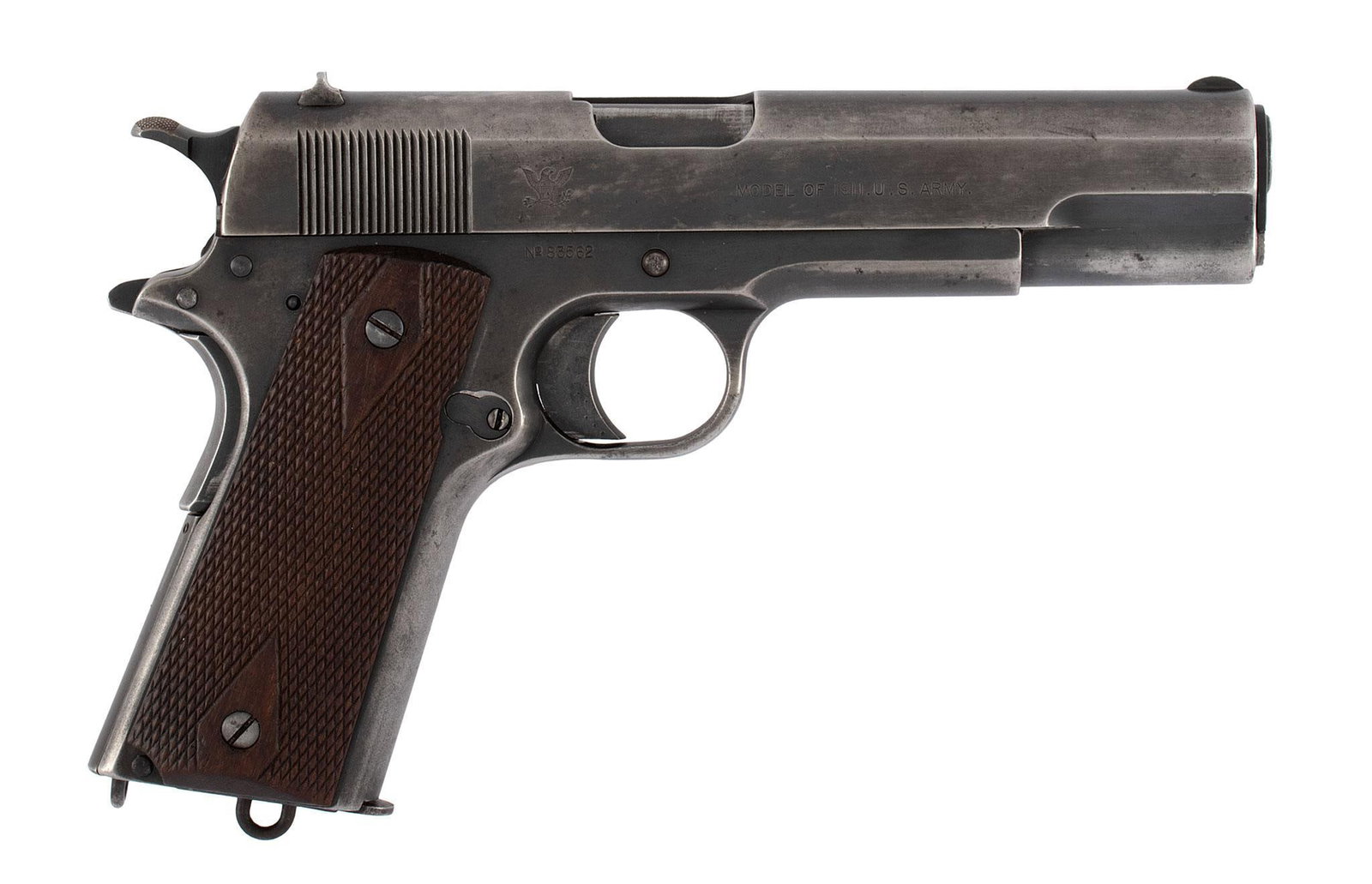 **Springfield 1911 Army Pistol: .45 ACP, 5" barrel length, S/N 83562. Left side of the slide marked in 3 lines with Colt Patent dates. Near the back of the slide marked "Springfield Armory" over "U.S.A.". Left side of the frame mark