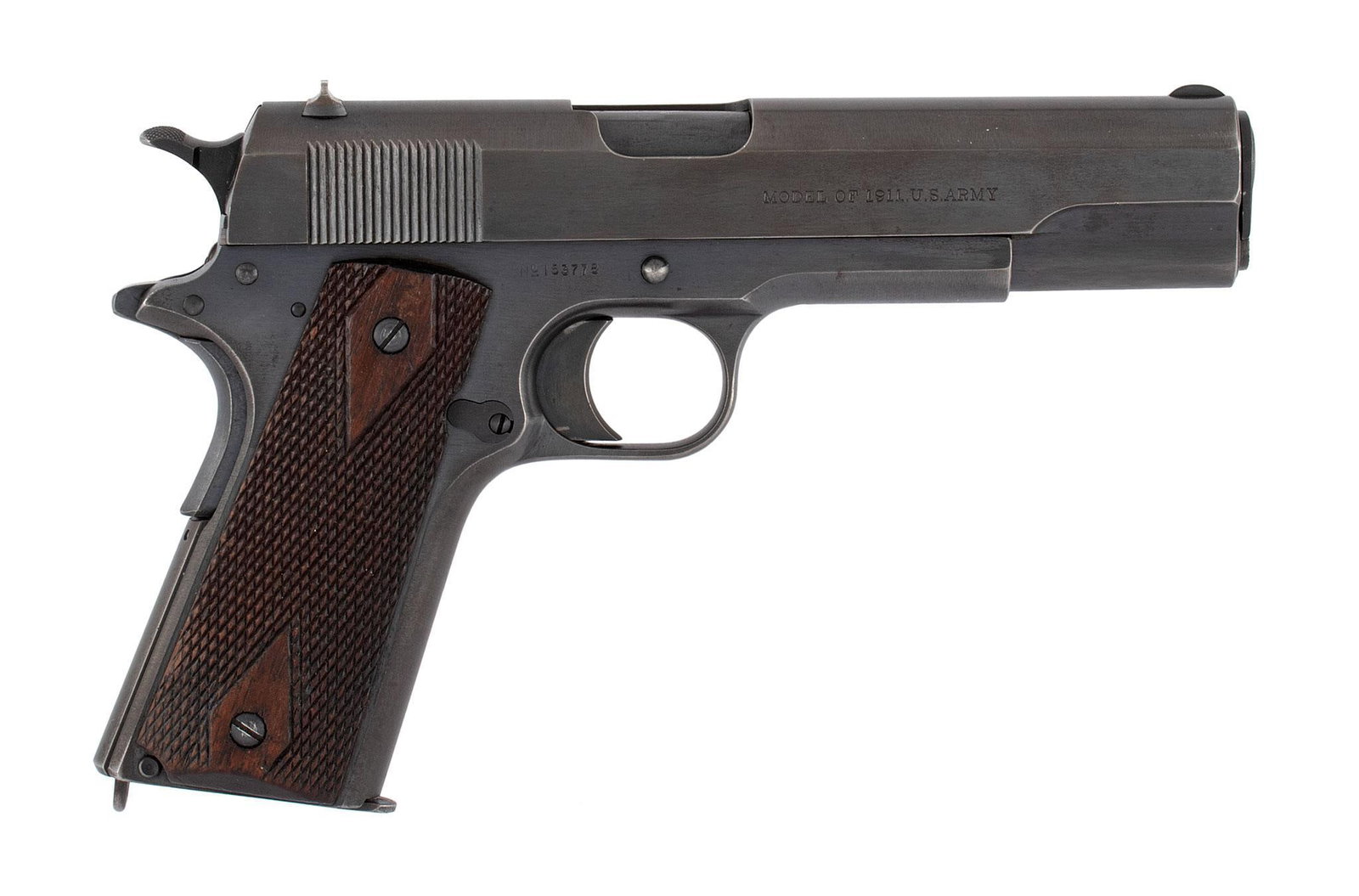 **Excellent Colt 1911 Black Army Pistol: .45 ACP, 5" barrel length, S/N 153778. Left side of the slide marked with 2 line Colt patent dates next to 2 line Colt address. Left side of the frame marked "United States Property". Rampant Colt log
