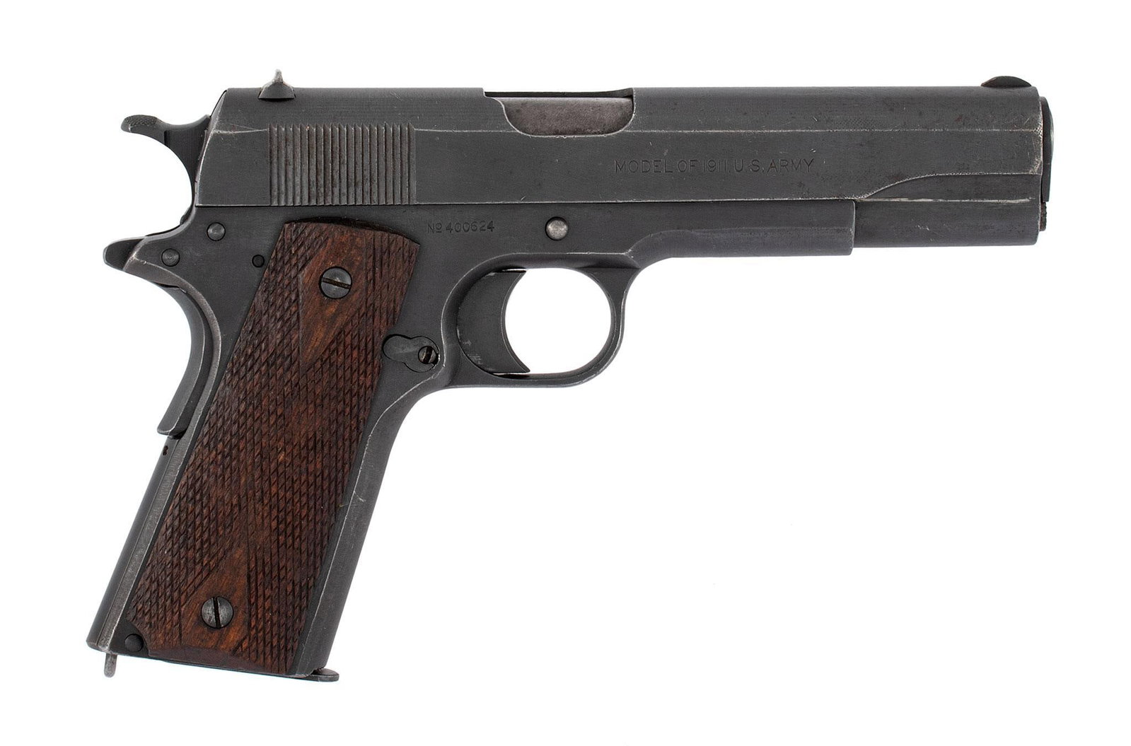 **Colt Model 1911 U.S. Army "Black Army": .45 ACP, 5" barrel length, S/N 400624. Left side of the slide marked with 2 line Colt Patent date next to Rampant Colt logo next to 2 line address. Left side of the frame marked "United States Propert
