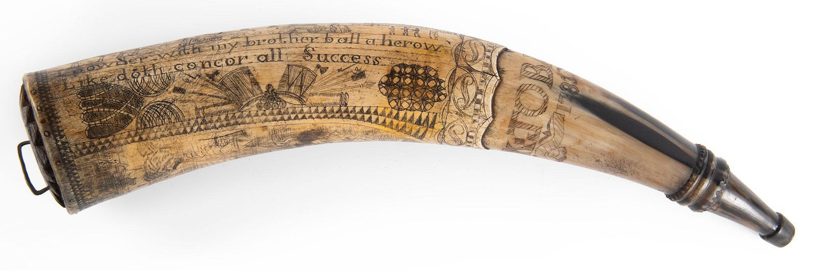 Large Contempoary Engraved Powder Horn Dated 1777: 22" through the curve, engraved with Native America shooting an bow and arrow, villages,Sun, Tobias Fletcher I powder my brother ball a hero liked doth concor all success, panoply of arms, Wood base p