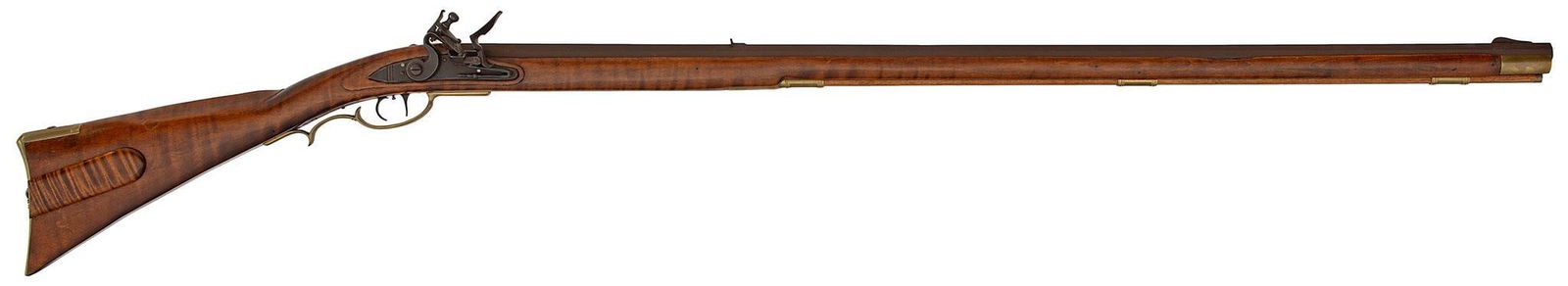 Contemporary Full Stock Flintock Rifle by Jim Altemus: .40 caliber, 42" Octagonal barrel. Notched rear barrel sight, blade front sight. Maple stock with wood sliding patchbox cover. Brass furniture. This is a copy of a rifle that was originally built in 1
