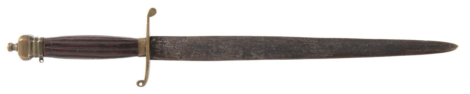 Spear Point Bowie Knife: 12" spear point blade. Brown fluted handle, brass pillow pommel brass guard. This was a pillow pommel sword that was reworked to a spearpoint knife during its period of use. Overall very good.