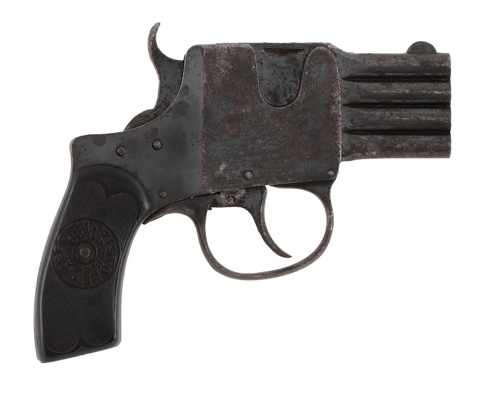 **Belgian 4-Shot Reform Pistol: .25 caliber, 3" barrel length, S/N 2712. Markings on the left side of the frame "Brevette" over "D.R.P." over "177023" over Belgian proof mark. Left side of the frame just above the grip is marked wit