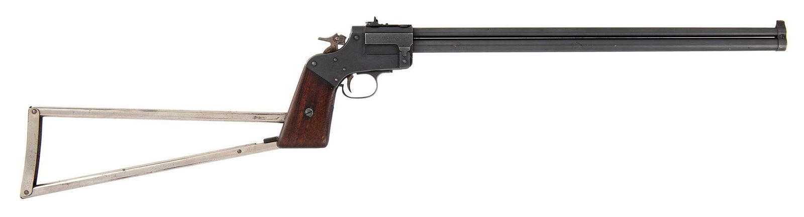 ** Type II Marbles Game Getter Gun Pistol: 22/44 caliber, 18" barrels, S/N 11157, Marked on the left side of the frame Marbles Game Getter, Marble arms & Mfg.Co Gladstone Mich. U.S.A. The hammer has most of the case colors. The metal has m