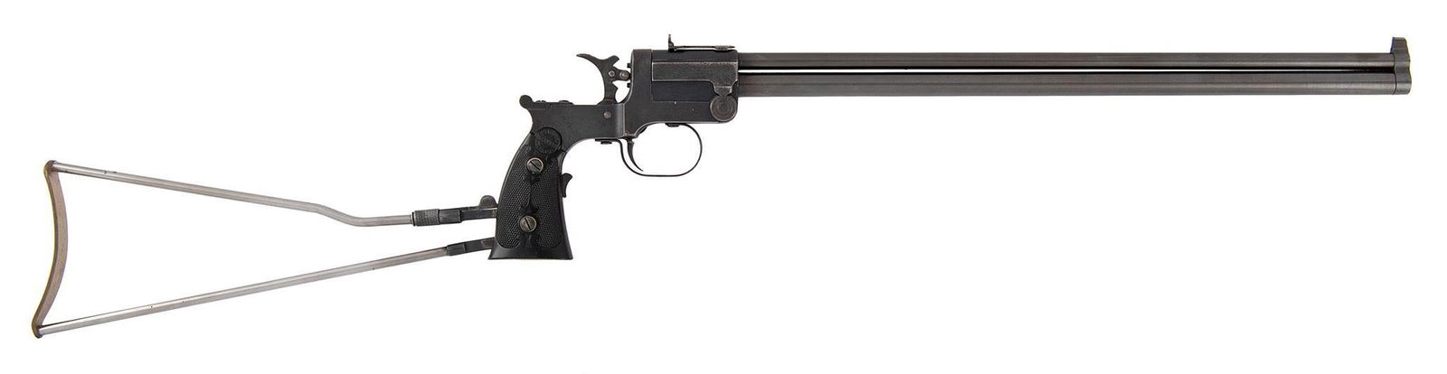 ** Marbles Type I Game Getter Gun Pistol: 22/44 caliber, 18" barrels, S/N 1516, blue finish, with checkered hard rubber grips with Marbles logo. Wire shoulder stock. Both bores are bright and shiny. Retaining a lot of the original blue finish