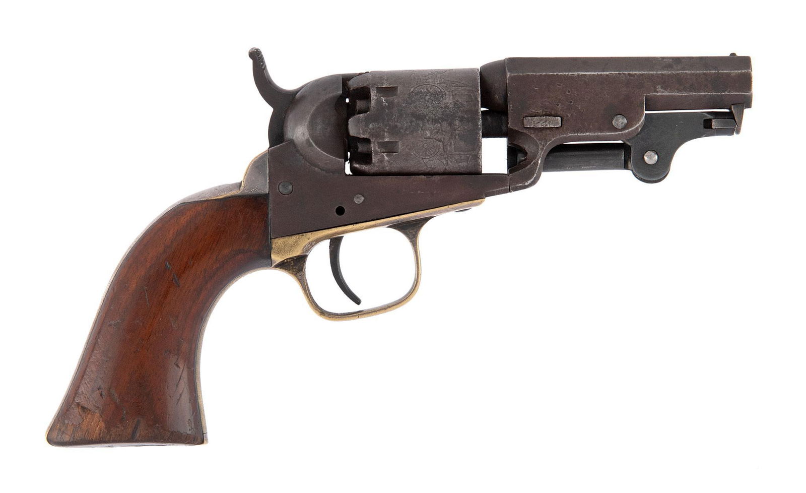 Rare Short Barrel Colt Model 1849 Pocket Revolver: .31 caliber, 3" barrel, S/N 171207. All numbers match except the cylinder which is numbered 201693. Silver plated brass backstrap and triggerguard. This revolver has a nice even look a plum to brown.