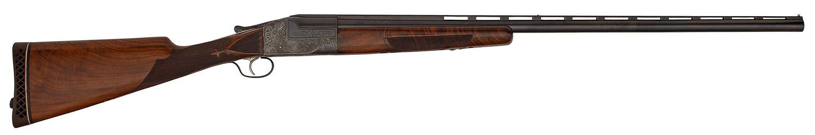 ** Ithaca Model 4E Shotgun: 12 gauge, 32" barrel, S/N 308897. Left side marked "Ithaca Gun Co". Right side also marked "Ithaca Gun Co". Scroll engraved case colored frame. Retains a lot of the original case coloring with most of