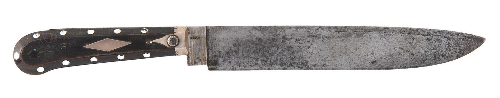 Silver Mounted Bowie Knife: Bowie, blade lenght: 9" spear blade. Horn handle with silver inlays. The blade shows age and forging lines. The ricasso has lines of silver inlaid in the steel. No scabbard. No markings on the ricasso