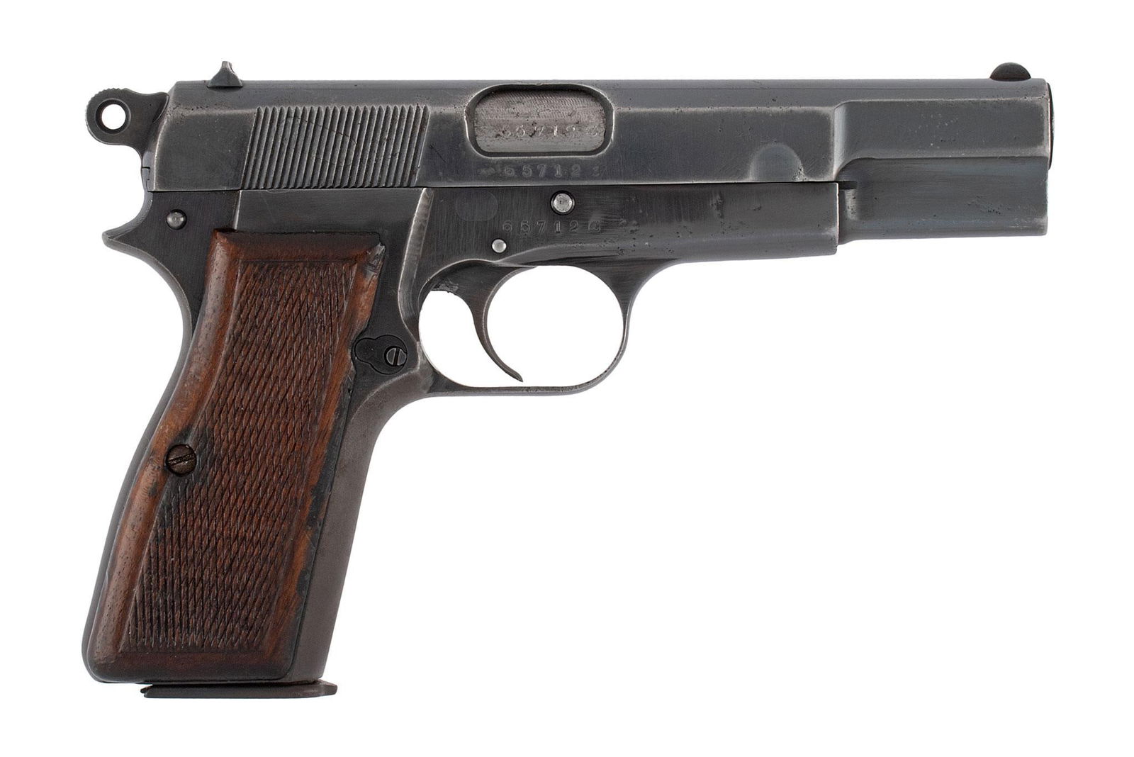 **Browning Hi-Power Nazi Marked Late War: 9MM caliber, 4.5" barrel, S/N 65712. Nazi proofed on the left side of the slide and frame. Blue finish with checkered walnut grips. The finish is worn but has sharp and crisp lines and edges. All meta