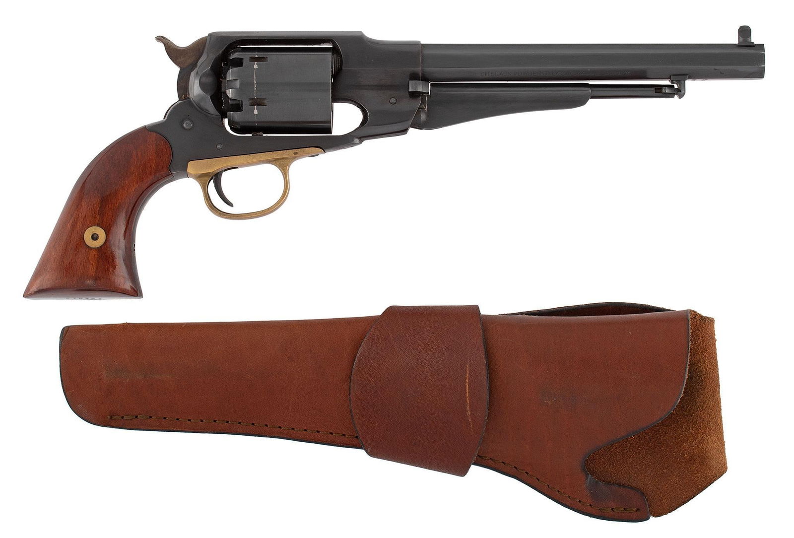 Uberti Copy of Remington Model 1858 Army: .44 caliber, 8" barrel, S/N E18324. Blued frame with blued finish throughout, case colored hammer and brass trigger guard. Barrel marked with "SM Black Powder Only" caliber and made in Italy. Bottom o