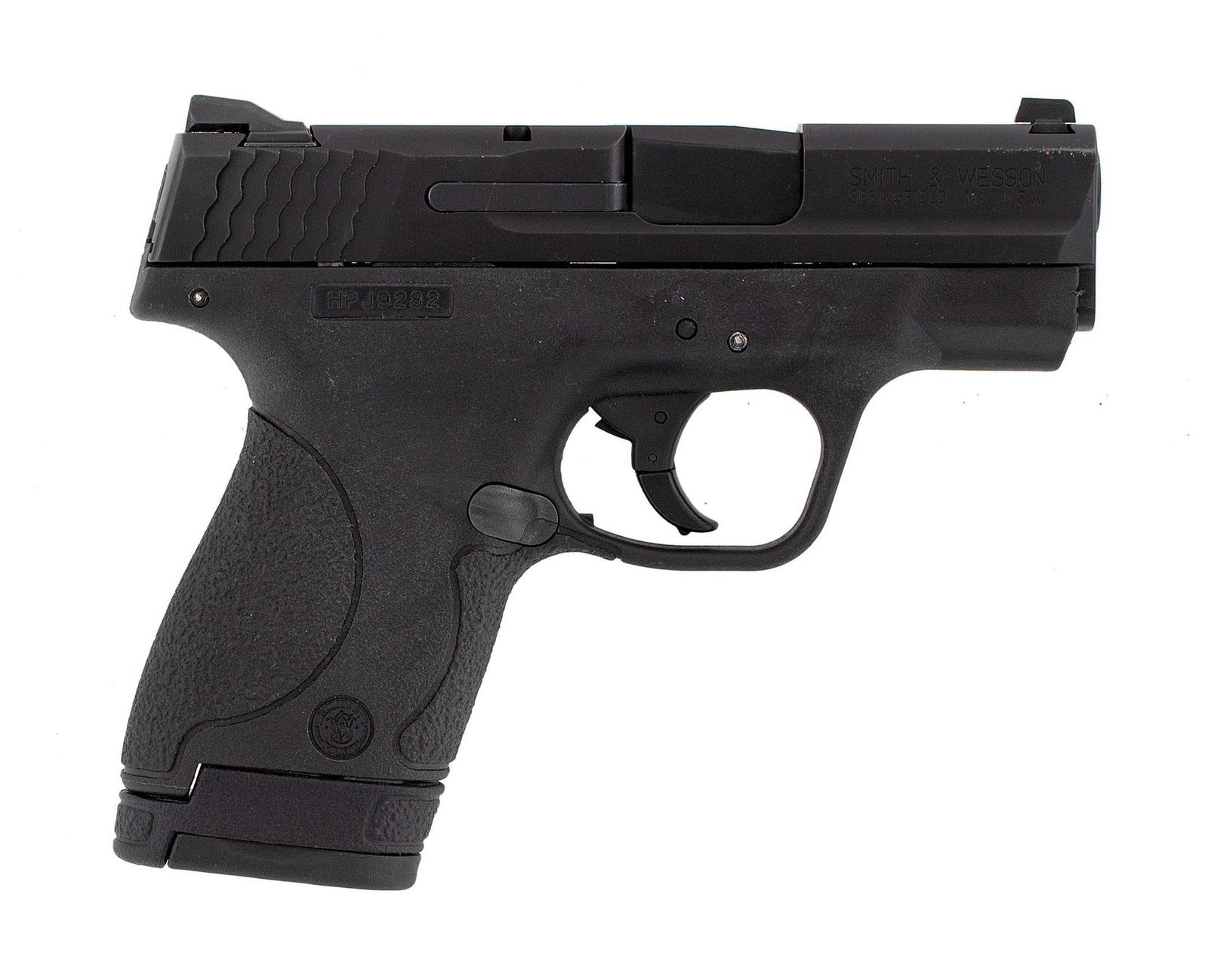 *Smith & Wesson 40 Shield Pistol: .40 caliber, 3" barrel length, S/N HPJ9282. Left side of the slide marked with model and S&W logo. Right side of the slide marked with 2 line address. Rear notched sight and front blade sight. Matte b