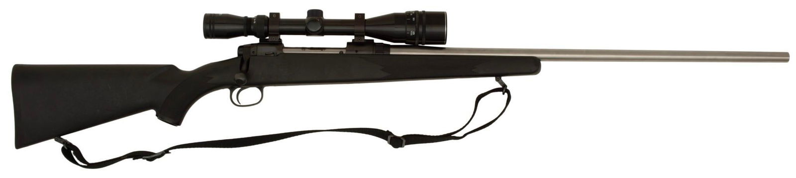 *Savage Bolt Action Axis Rifle: .257 caliber, 25" barrel length, S/N F278042. Stainless barrel with black synthetic stock checkered pistol grip. Tasco 4x16 mounted scope with clear optics. Very good condition overall retaining nearl