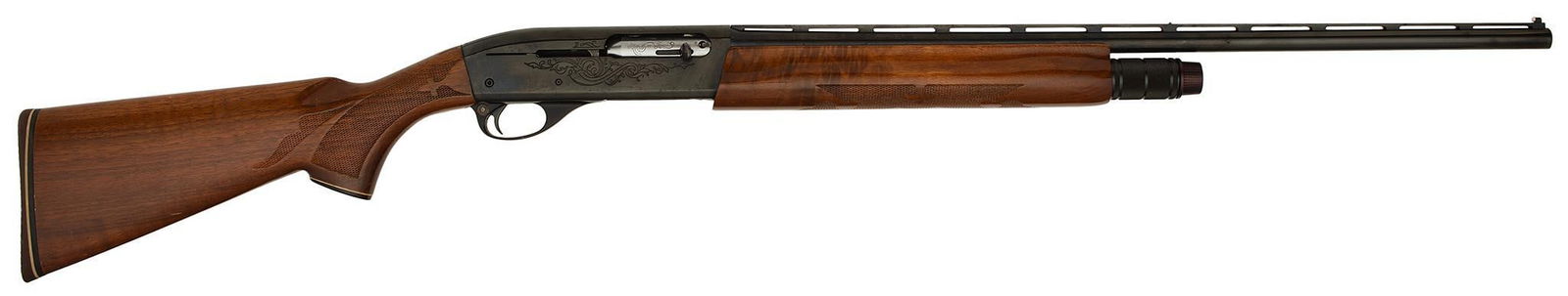 **Remington Model 1100 LW Shotgun: 28 gauge, 25" barrel length, SN M476657J. Left side of the frame marked "Remington, Model 1100 LW". Left of the barrel marked with chamber and caliber. Stamped checkered walnut stock with pistol gip.