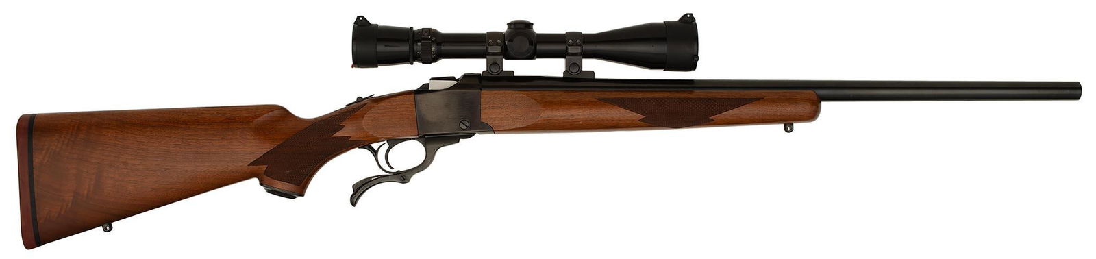 ** Ruger No. 1 Rifle: .223 caliber, 25" barrel length, S/N 132-93678. Top of the barrel marked with address and caliber. Mounted with Leupold scope. Blued barrel with a walnut checkered stock. Factory recoil pad. Very good