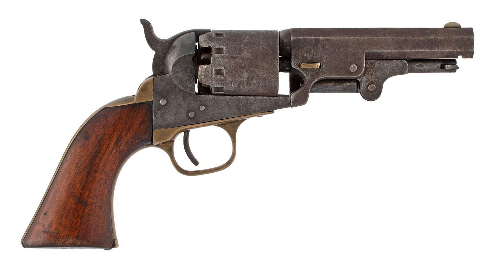 Manhattan Firearms Revolver: .36 caliber, 4" barrel, S/N 9245. Steel frame with brass trigger frame and back strap, having a 5 shot cylinder and walnut grips. Good overall condition.