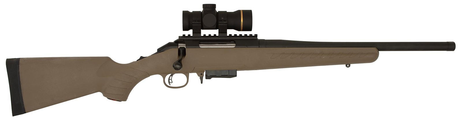 *Ruger American Rifle with Leupold Scope: 7.62X39 MM caliber, 16" barrel, S/N 690533671. Black finish, Synthetic stock. Quick sight Leupold scope. Rifle is like new.