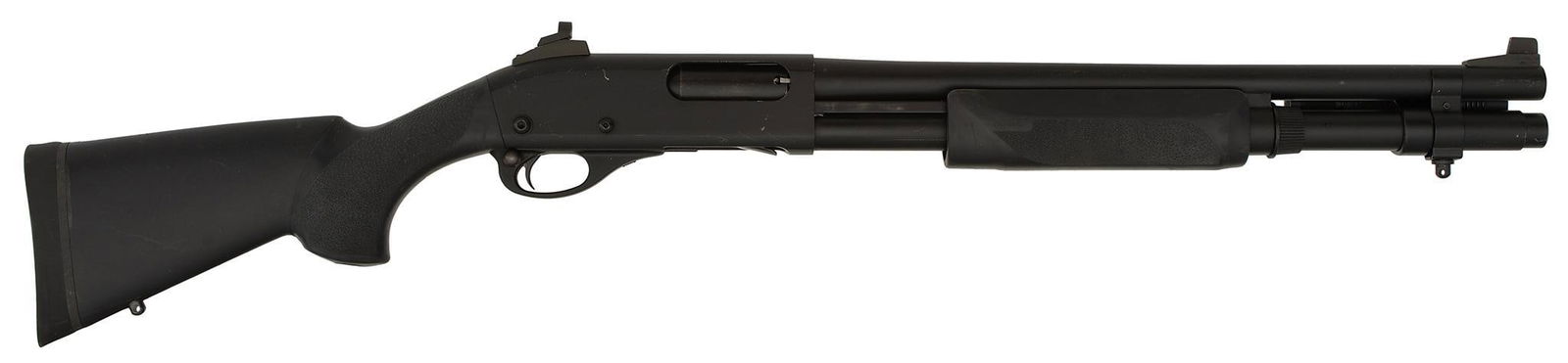 *Remington 870 Riot Shotgun: 12 gauge, 18" barrel, S/N AB757455M. Parkerized finish, synthetic stock and forearm. With tactical flashlight on the left side of the barrel, cartridge holder on the left side of the frame. Overall
