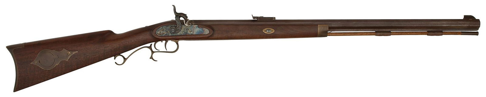 Thompson Center Arms Half Stock Percussion Rifle: .45 caliber, 29" octagonal barrel, S/N K4760. Walnut stock with brass patchbox. Front blade sight rear adjustable sight. Overall excellent condition.