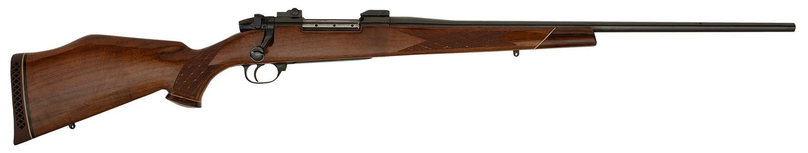 **Weatherby Mark V Sporting Rifle: .300 Mag, 24" barrel, S/N H79665. Blue finish, fancy checkered stock with rosewood tip and rosewood pistol grip cap. Also white outlined. Sling swivel eyelets. No sights was mounted with a scope. 