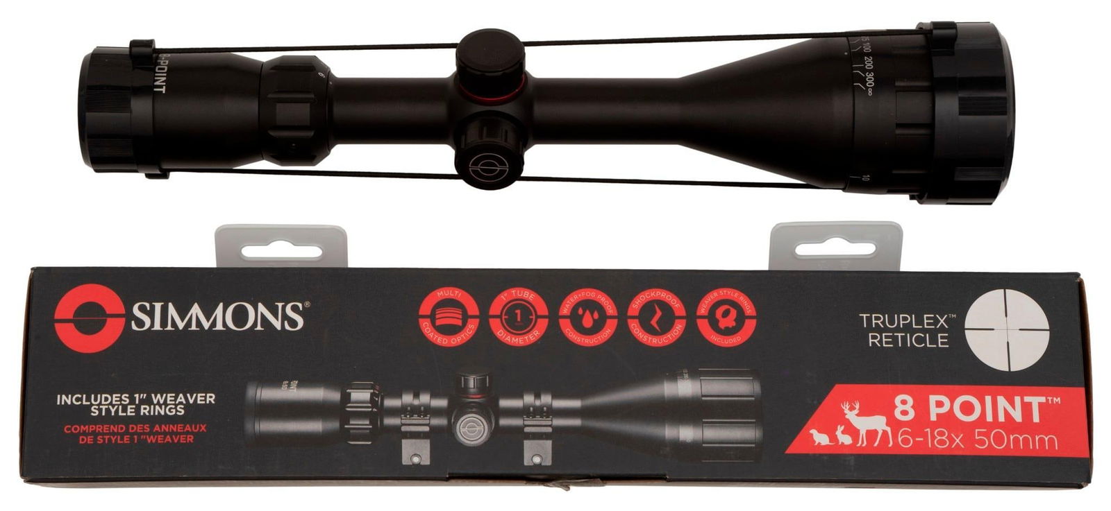 A Simmons Truplex Reticle Rifle Scope: A single Simmons truplex reticle 8 point 6-18x 50mm rifle scope, includes 1" weaver style rings. New in box.