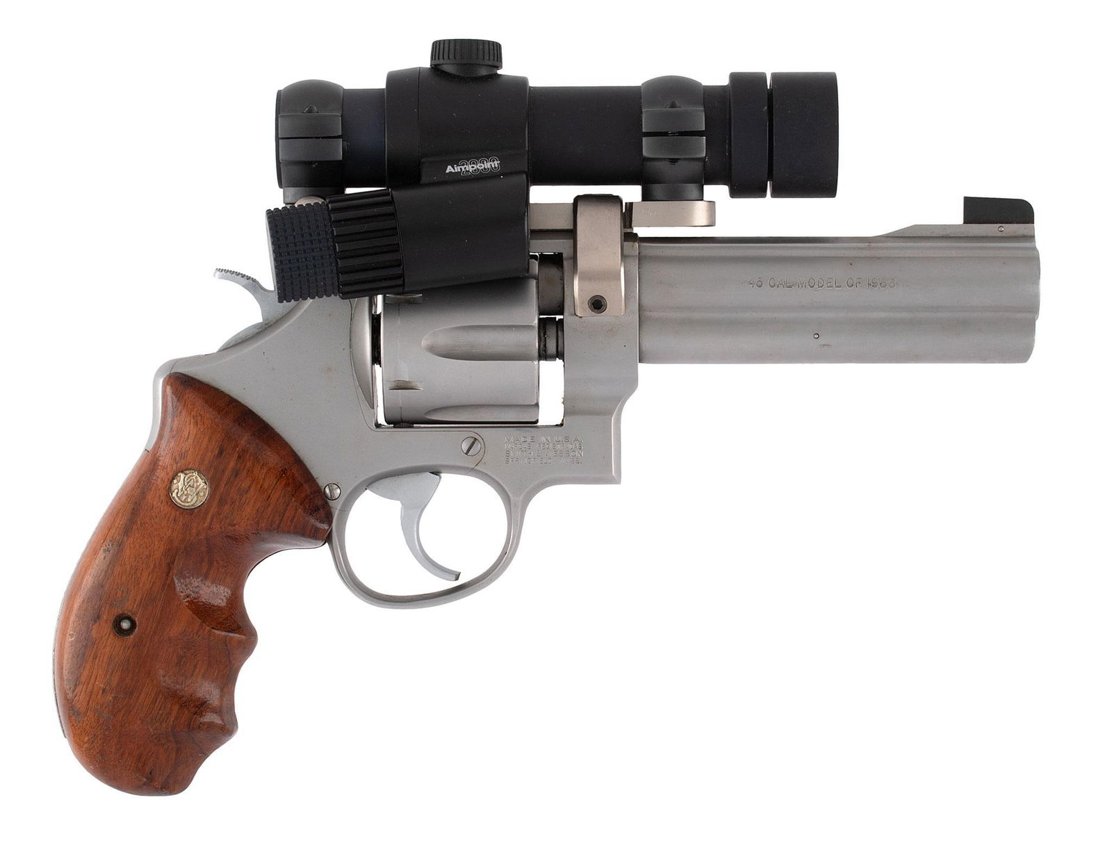 *Smith & Wesson Model 625-3 with Aimport Optic: .45 caliber, 5" barrel, S/N BEN5964. Stainless steel, Smith & Wesson Medallion finger grooved grips. Overall this revolver is excellent. Bore is bright and shiny.