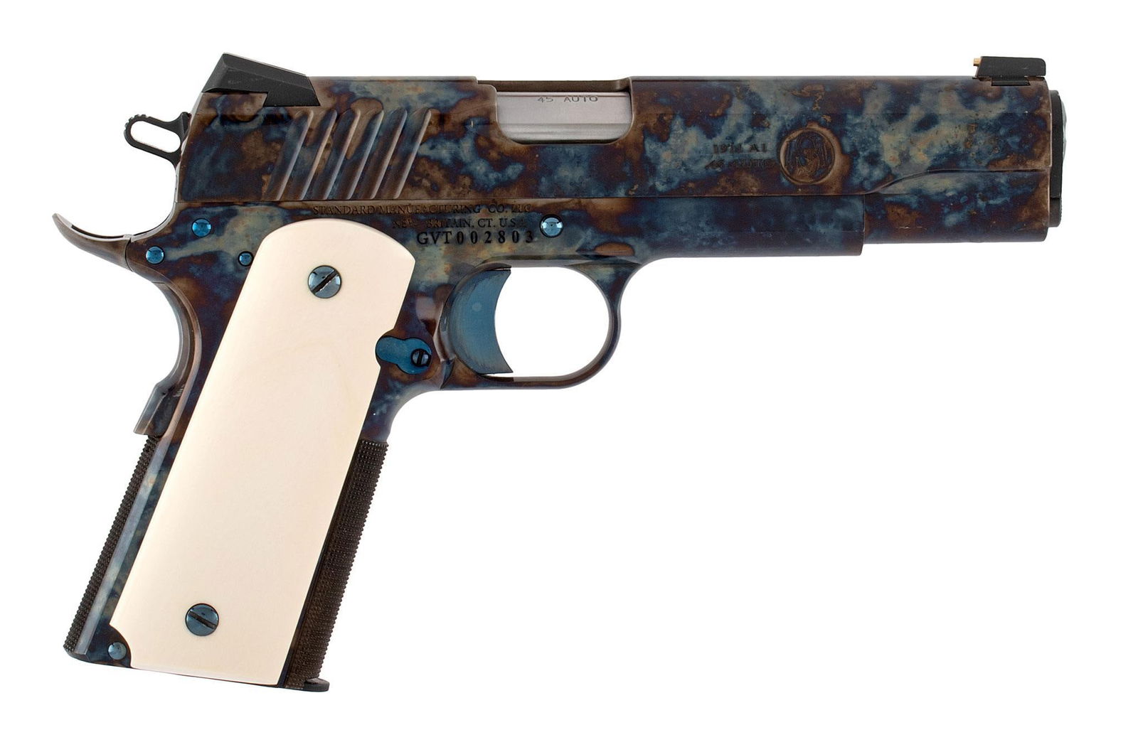 *Custom Standard Mfg. 1911A1 Pistol: .45 auto caliber, 5" barrel, S/N GVT002803. Case colored finish with white grips. Target sights. This pistol is like new condition.