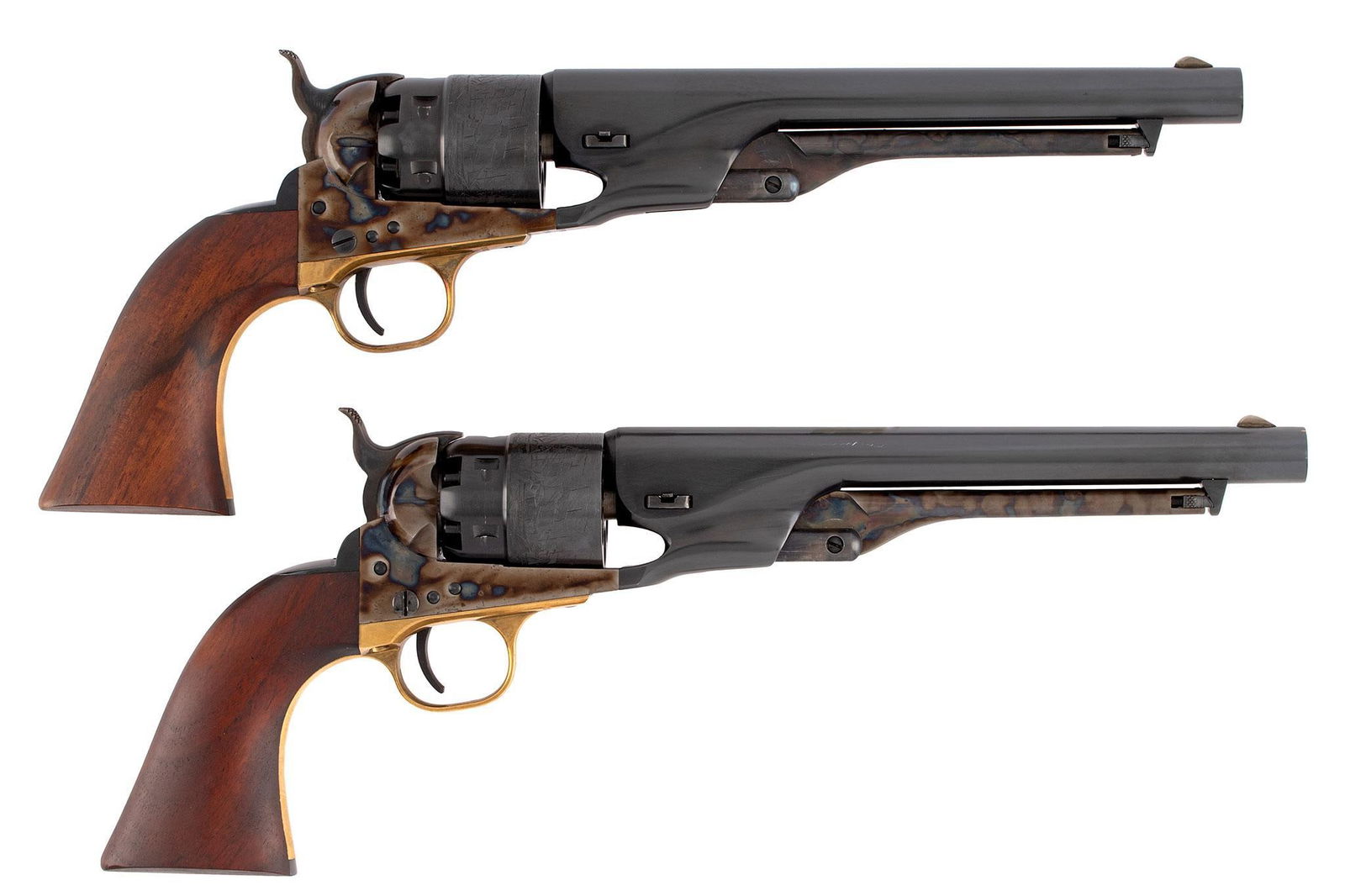 Pair of Consetive Serial -Numbered Third Generation Colt Model 1860 Percussion Revolvers: .44 caliber 8" round barrels, S/N 205983, 205984. Blued barrels and case colored frame, loading lever and hammer. Iron backstraps and brass triggerguards, one piece walnut grips. Both revolvers