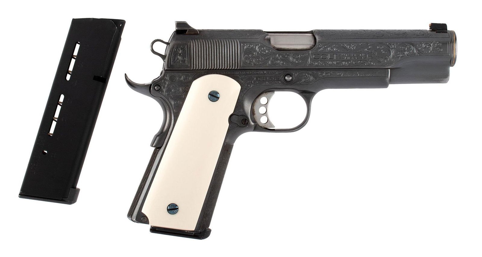 **Custom Engraved Wilson Combat Colt 1911 Pistol: .45 caliber, 5" barrel, S/N FG84263. Target front and rear notched sights. Satin blue finish with scroll engraving ans stippled background. Checkered front of the grip strap and rear. Custom Ivory