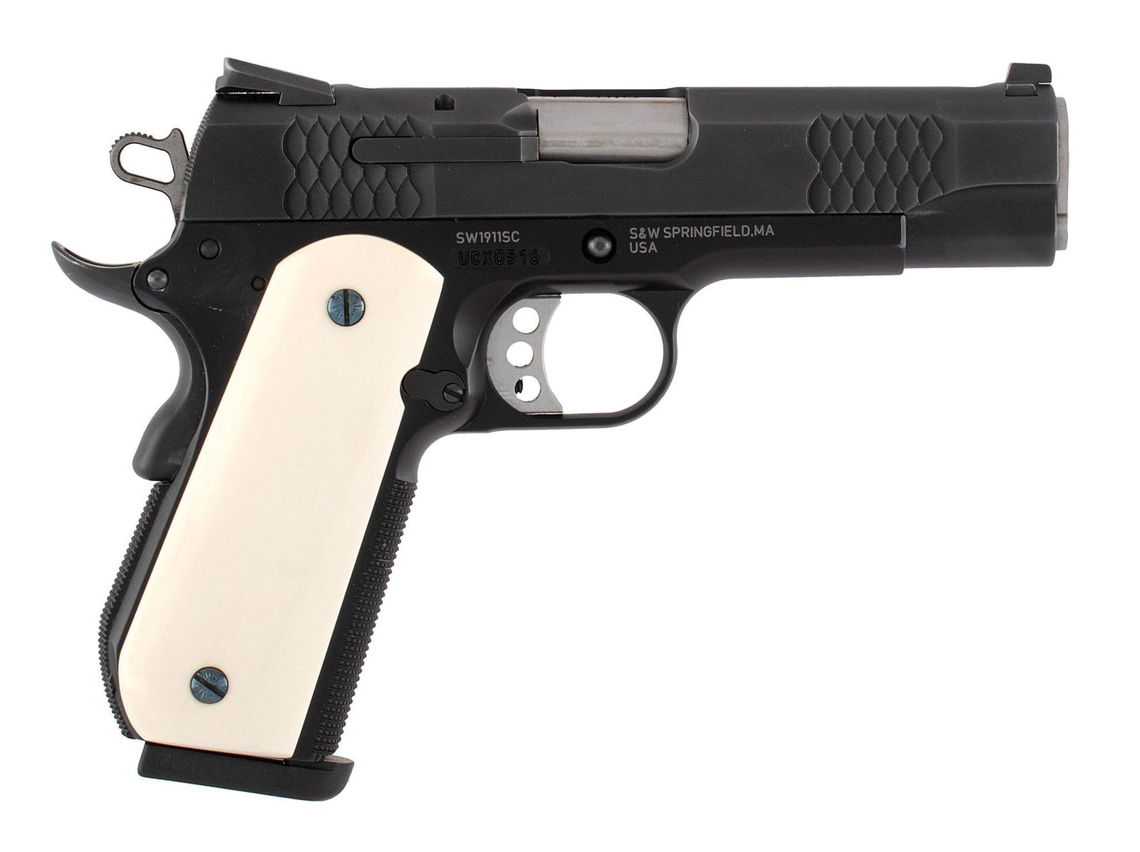 *Smith & Wesson SW1911SC Pistol: .45 caliber, 5" barrel, S/N UCX0516. Matte black finish with bone grips. Marked on the left side "Smith & Wesson SW1911SC". Right marked "S&W Springfield, MA USA" and serial number. Overall very good